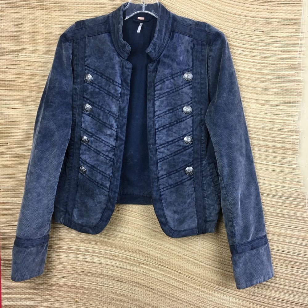 Free People Washed Cord Velvet Band  Military Jacket In Washed Blue Size S - Picture 4 of 14